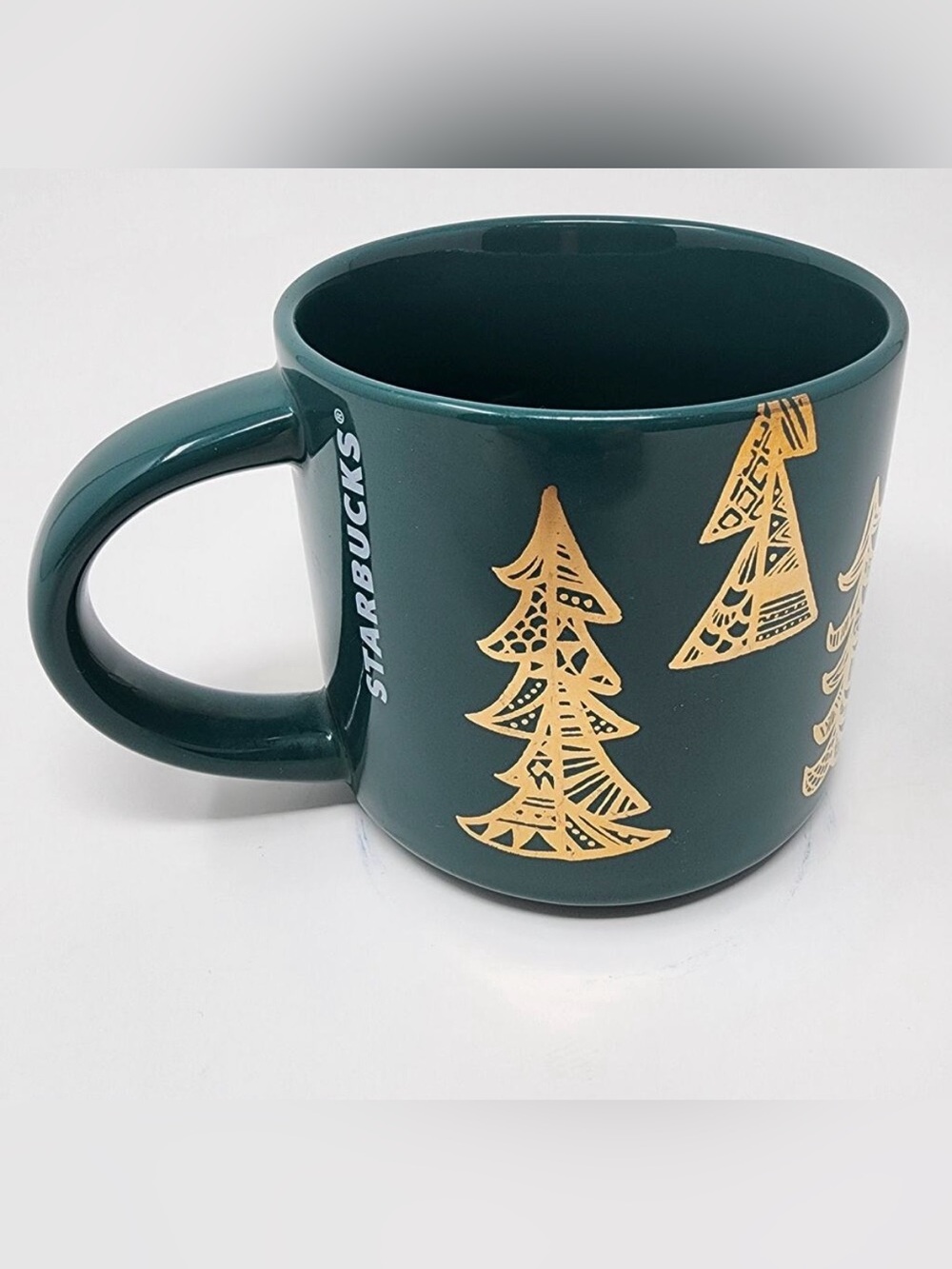 Starbucks Holiday Mug Green/Metallic Gold Christmas Tree Ceramic Coffee 14 oz